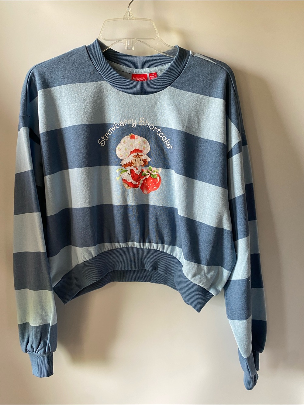 Strawberry Shortcake Blue Wide-Striped Crewneck Sweater Cropped SZ S